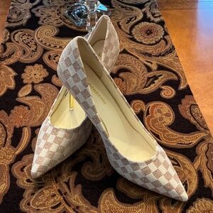 LIGUANNOXIE Cream & Gold Glitter Checked with 3.5” GOLD Heels Size EU 41 US 10.5